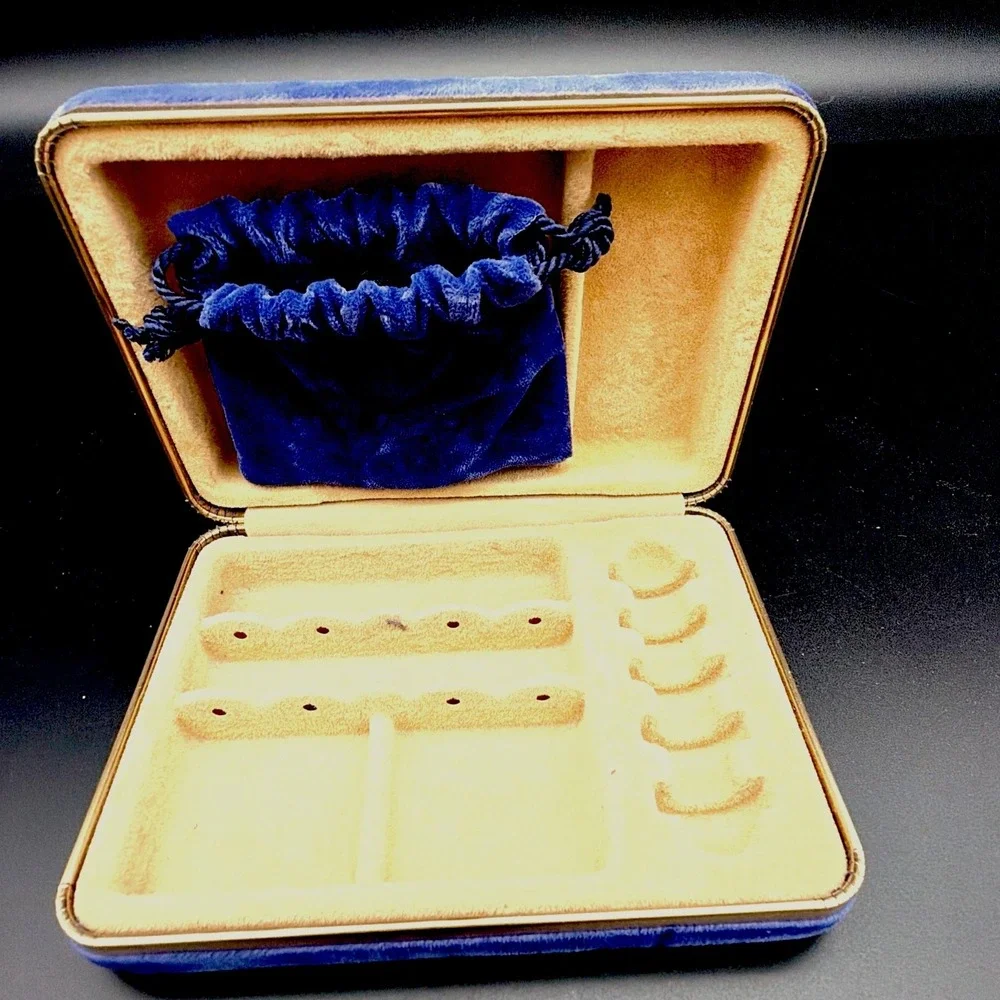 Vintage Blue Velvet Jewelry Box Gold Tone Trim With Drawstring Pouch